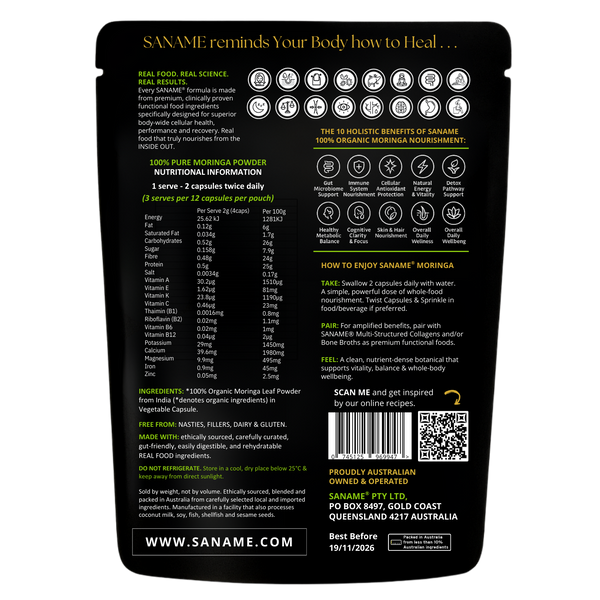 SANAME - Moringa Leaf Powder Capsules for Lush Skin, Hair, Nails, Lashes & Body