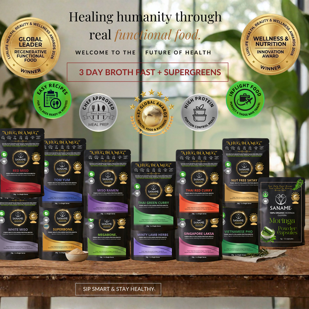 3 DAY BROTH FAST + SUPERGREENS (12 x BROTH Variety Pack + 3 Days Moringa Capsules) P360™ Performance Multi-Collagen Bone Broths