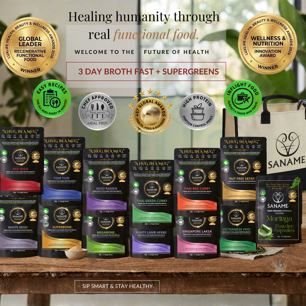 3 DAY BROTH FAST + SUPERGREENS (12 x BROTH Variety Pack + 3 Days Moringa Capsules) P360™ Performance Multi-Collagen Bone Broths