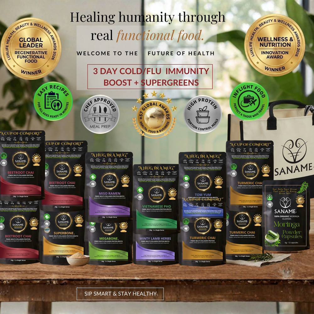 3 DAY COLD & FLU IMMUNITY BOOSTER/FAST + SUPERGREENS (12 x Variety P360™ Performance Multi-Collagens &  Bone Broths + 3 Days Moringa Capsules)
