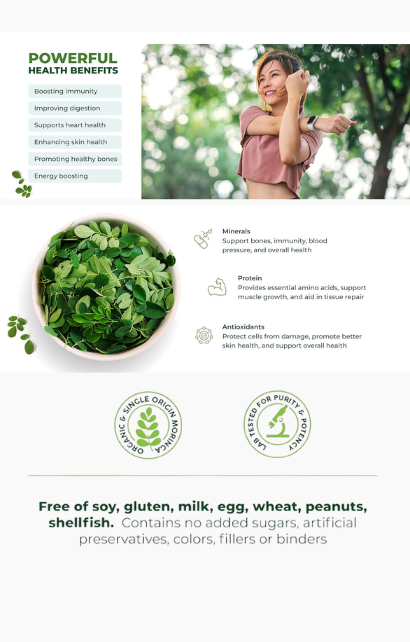 SANAME - Moringa Leaf Powder Capsules for Lush Skin, Hair, Nails, Lashes & Body