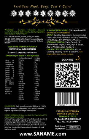 SANAME - Moringa Leaf Powder Capsules for Lush Skin, Hair, Nails, Lashes & Body