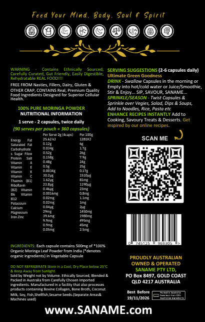 SANAME - Moringa Leaf Powder Capsules for Lush Skin, Hair, Nails, Lashes & Body