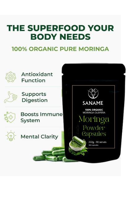 SANAME - Moringa Leaf Powder Capsules for Lush Skin, Hair, Nails, Lashes & Body