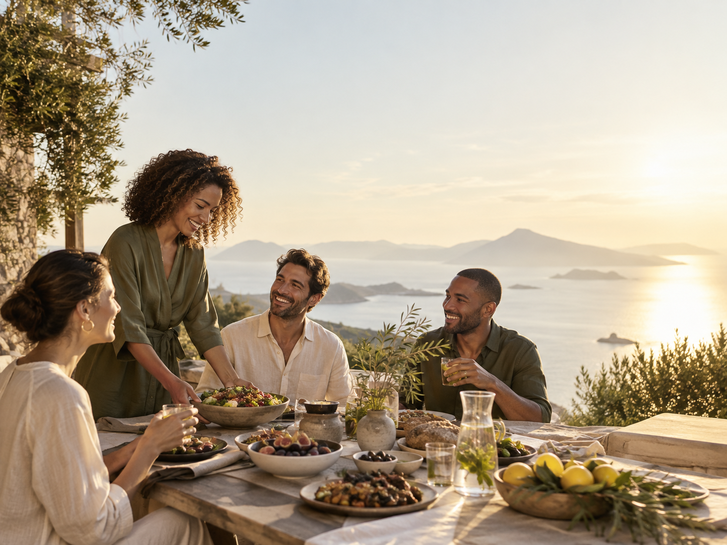 Friends sharing a beautiful real food meal outdoors
