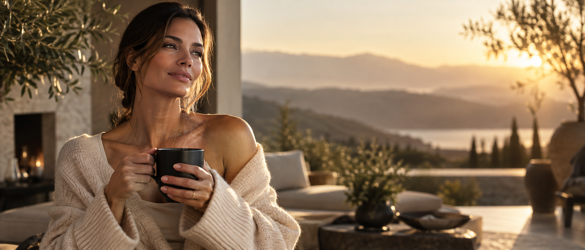 SANAME luxury wellness ritual with a warm drink